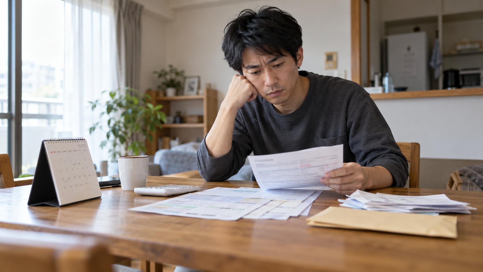 自宅で家計や支払いの資料を確認する男性のイメージ