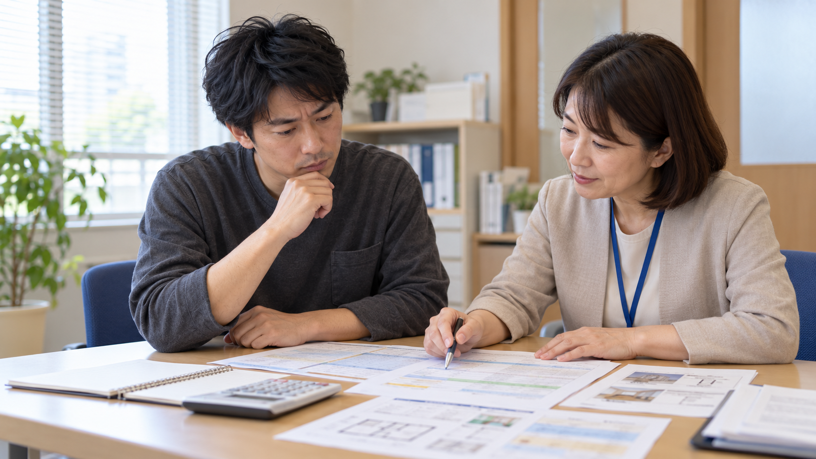 相談室で職員と家計を整理する男性のイメージ