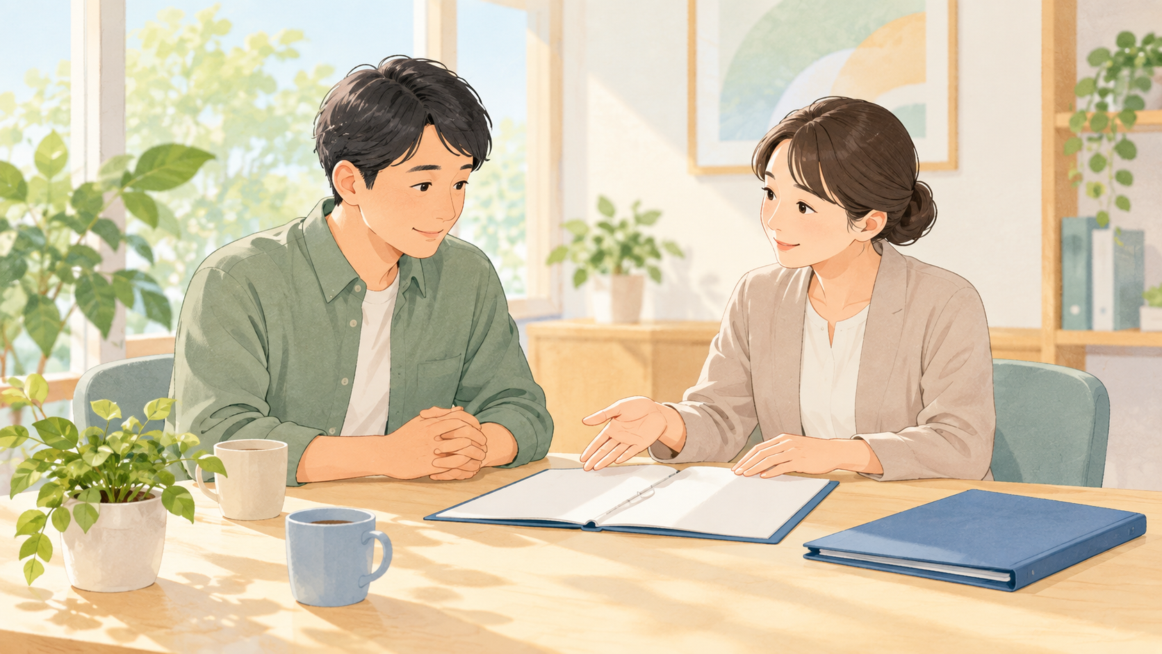 相談者と職員が落ち着いた室内で書類を見ながら話すイメージイラスト