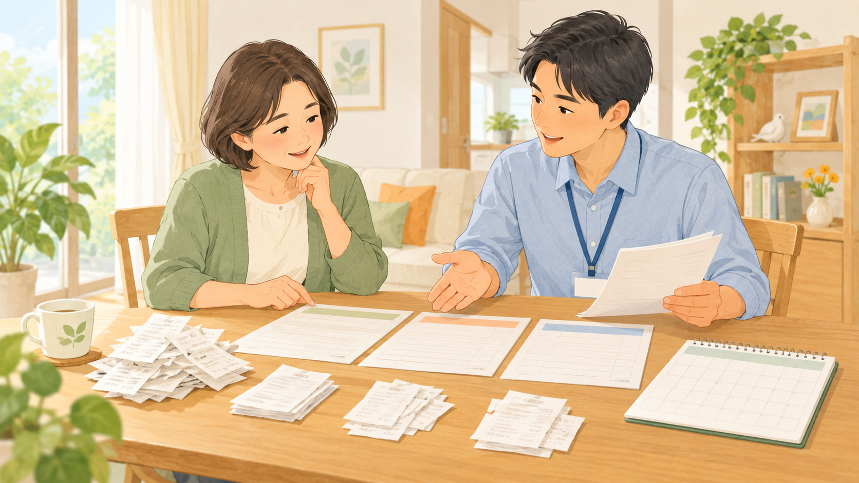 相談者と職員が家計表や予定表を整理するイメージイラスト
