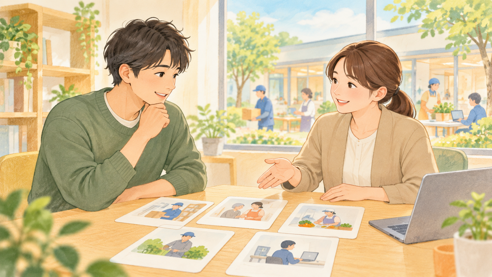 求職者と就労支援員が仕事の選択肢を話し合うイメージイラスト
