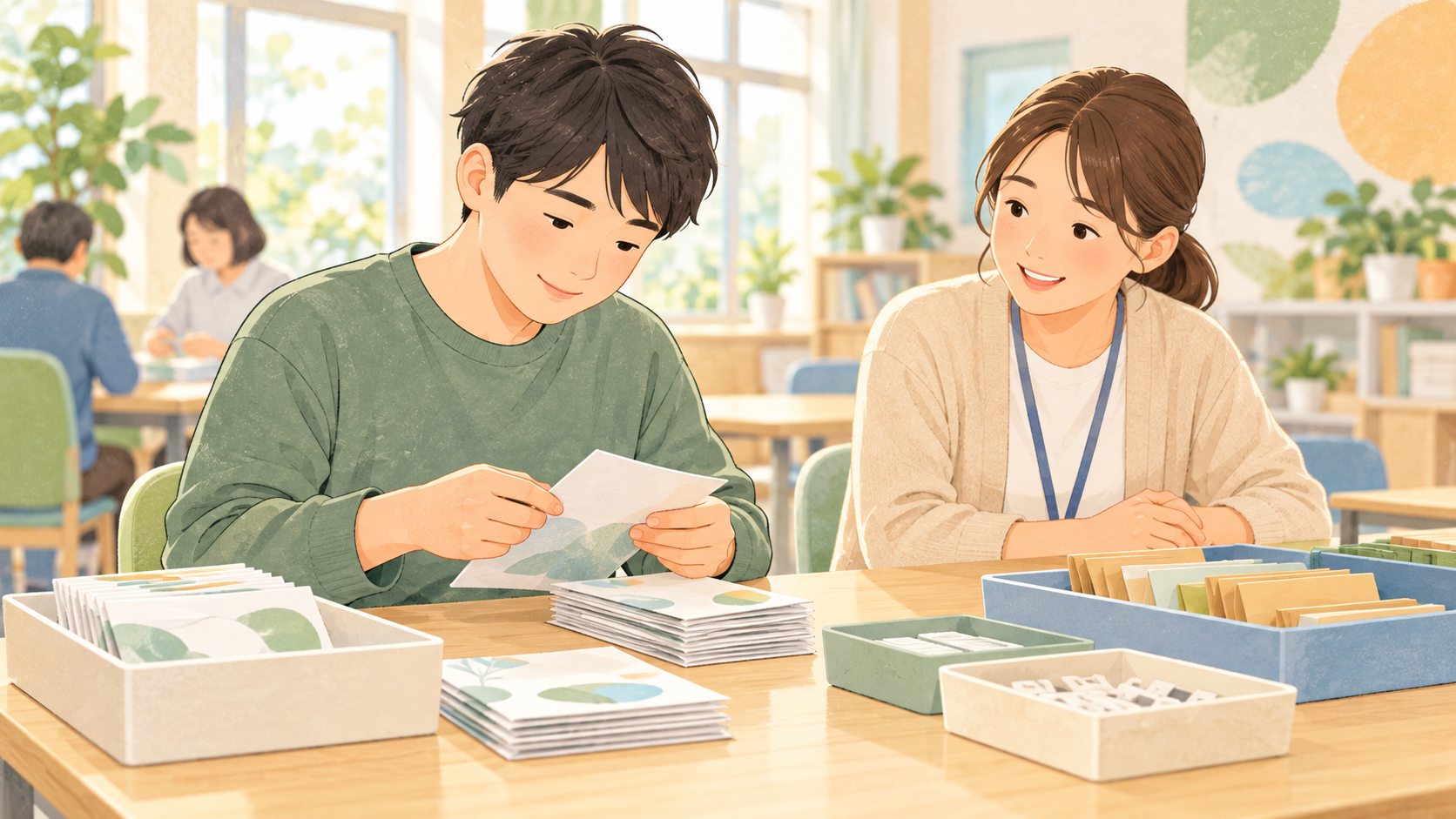 参加者が職員と一緒に軽作業に取り組むイメージイラスト