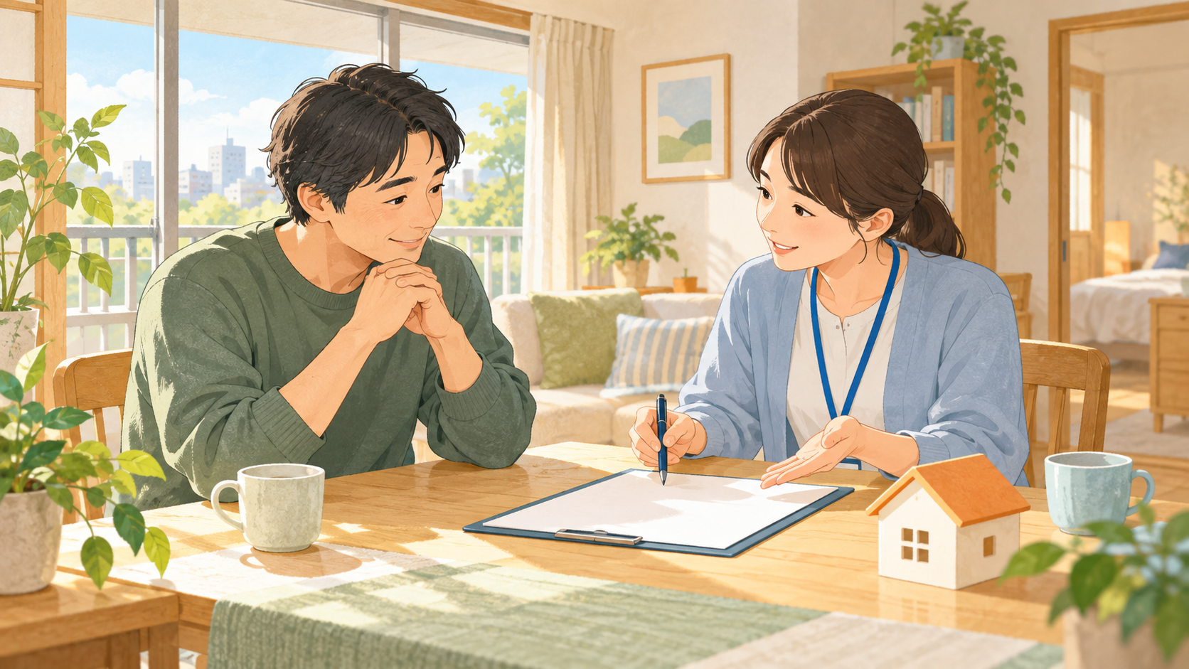 相談者と職員が住まいに関する書類を確認するイメージイラスト