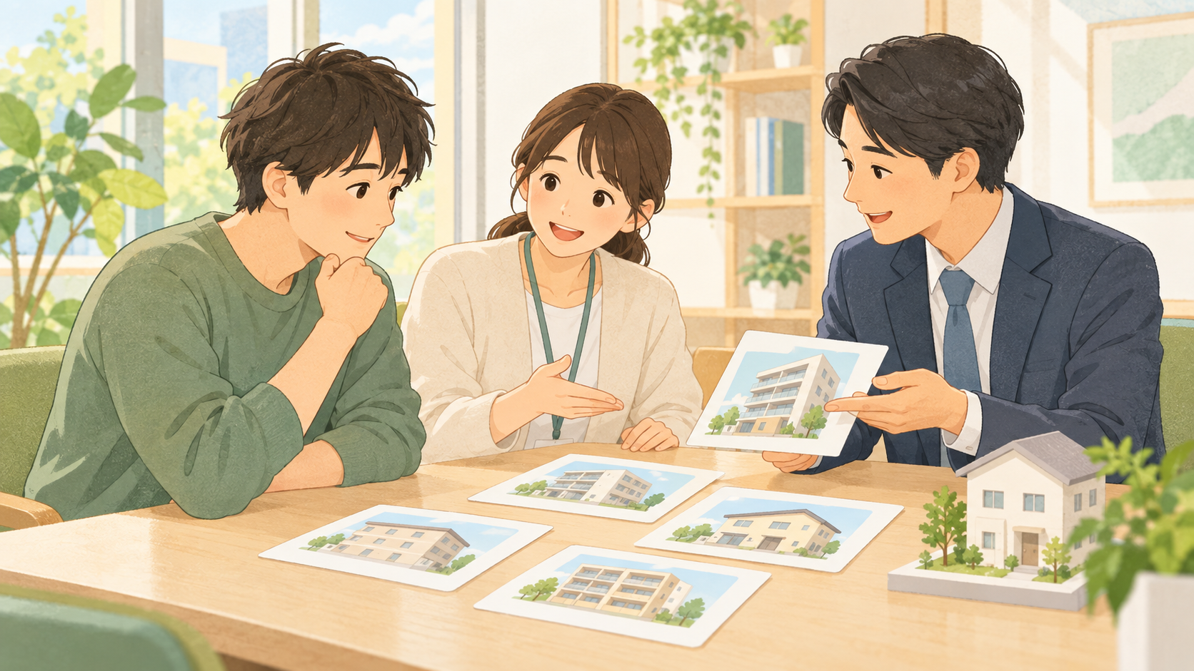 相談者と職員と不動産事業者が住宅情報を確認するイメージイラスト