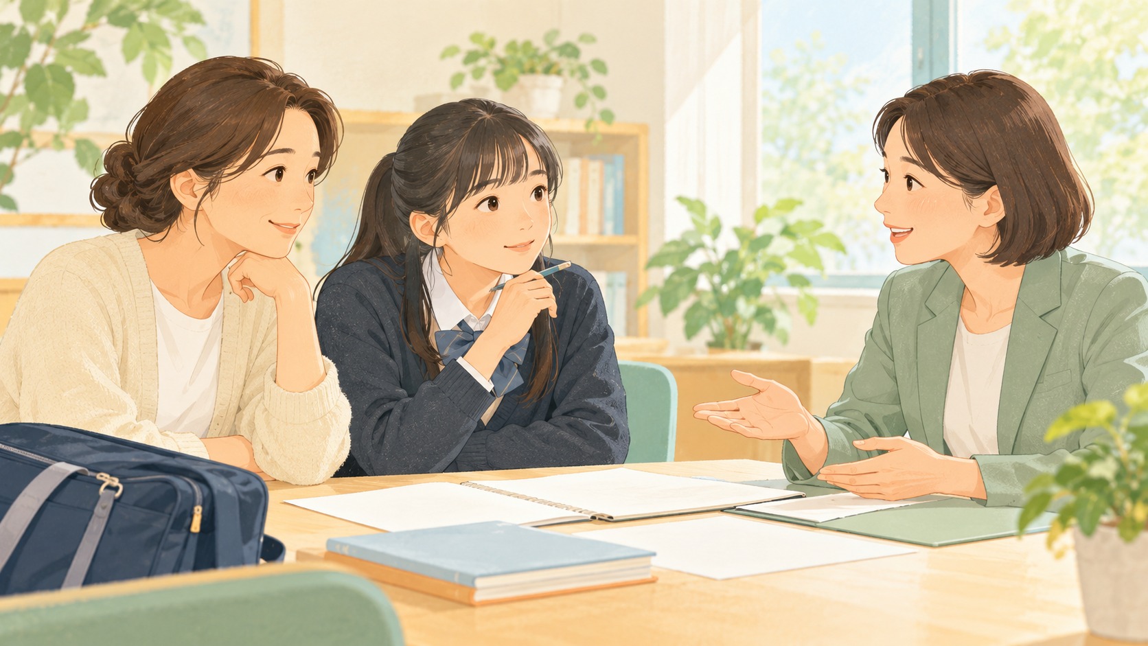 保護者と子どもが職員と進学に必要な準備を話し合うイメージイラスト