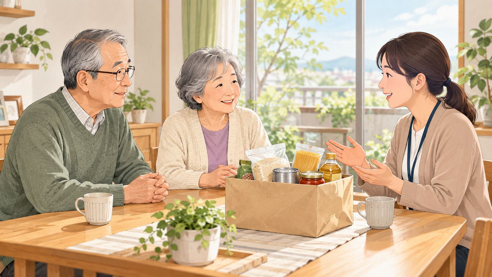 高齢の夫婦と相談員が食料を囲んで話すイメージイラスト