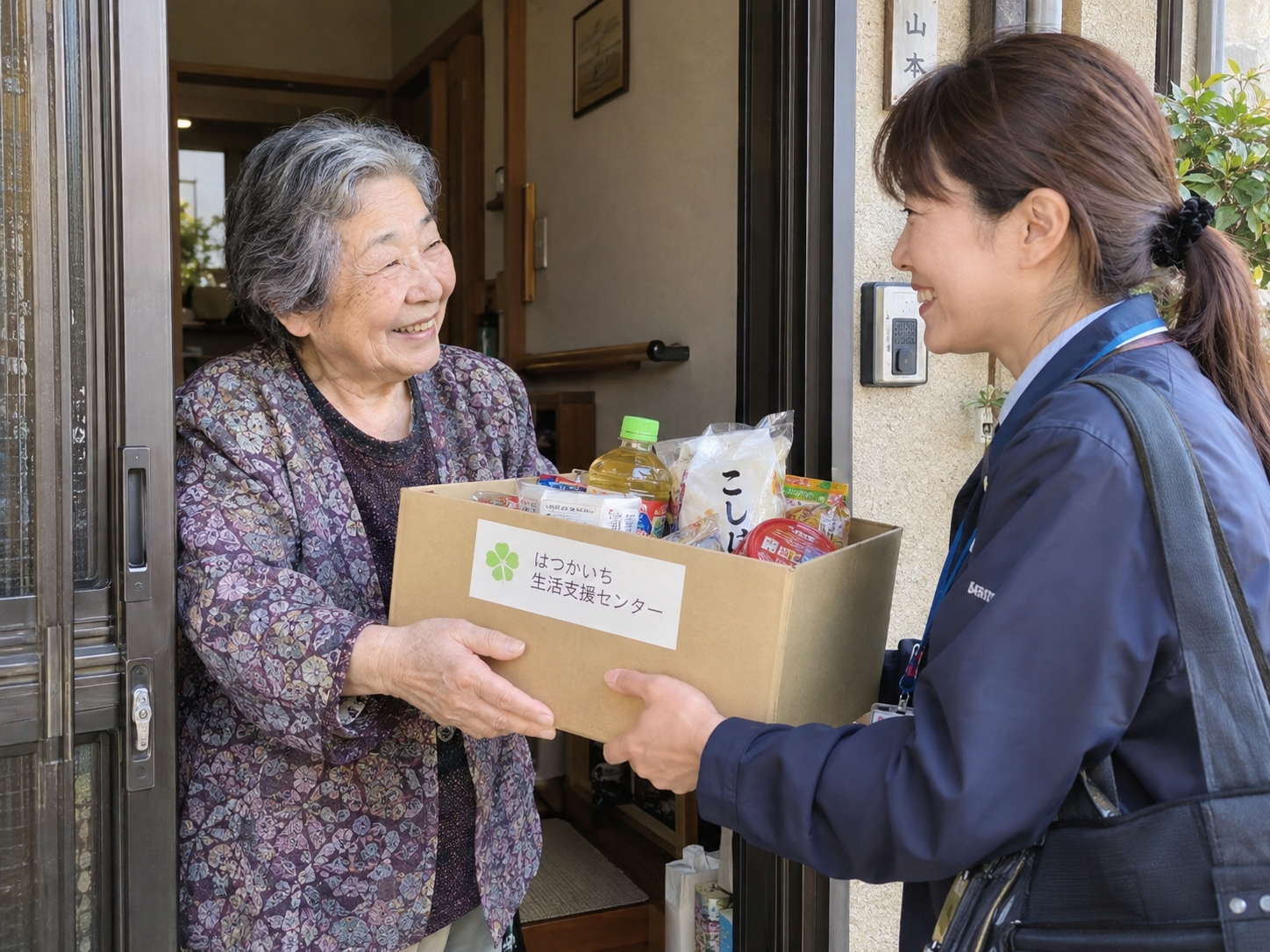 女性職員がご自宅の玄関で高齢の方に食品を手渡すイメージ