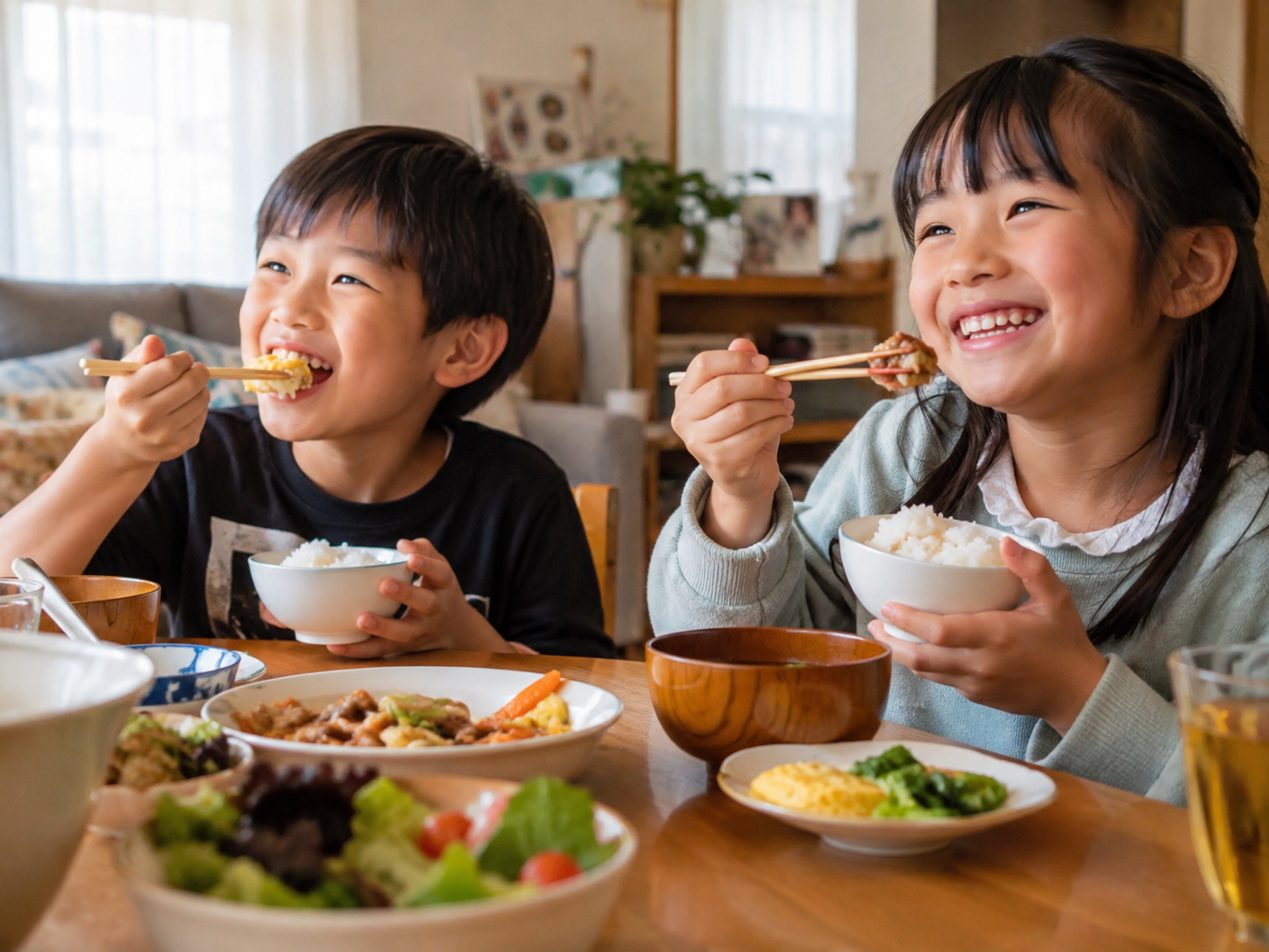 子どもたちが自宅の食卓で楽しそうに食事をするイメージ